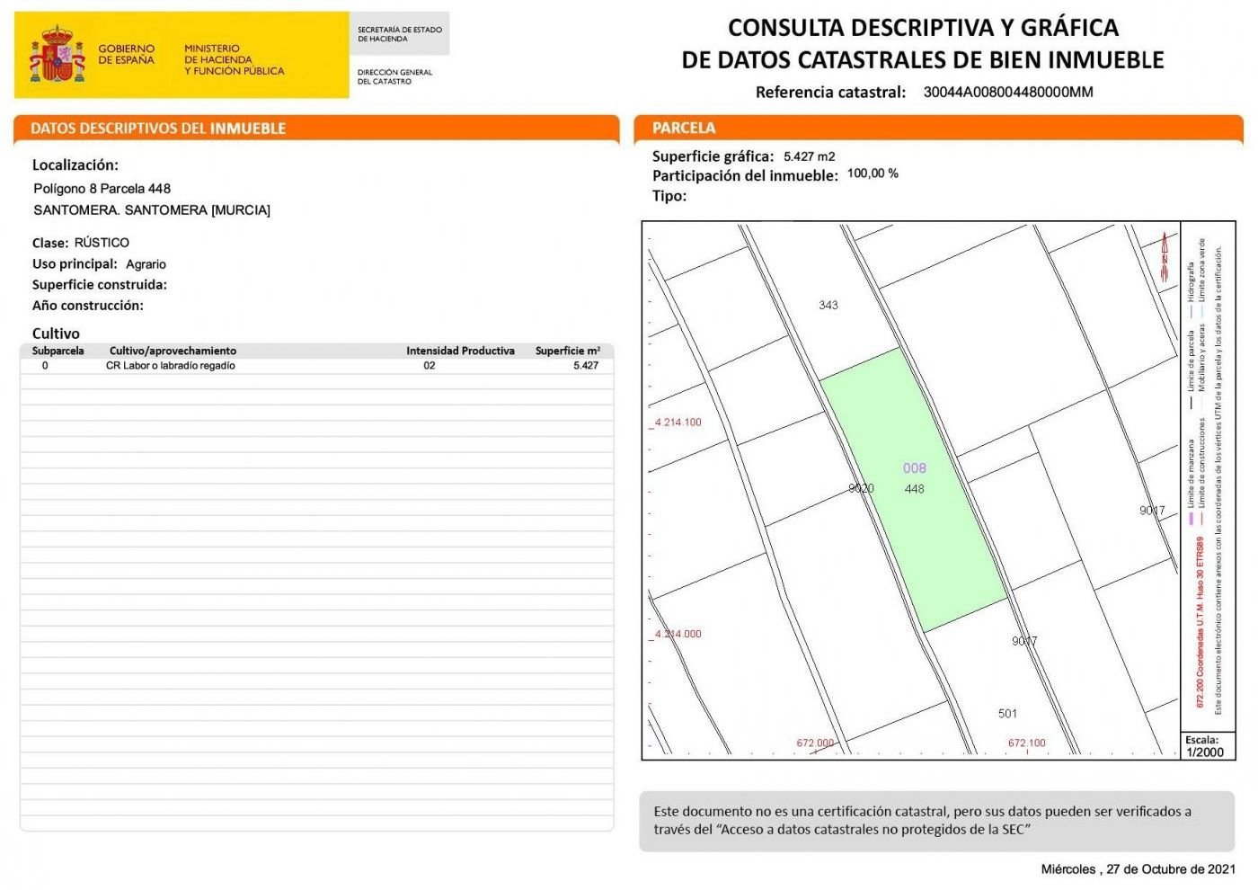 5,427 m² Land in Santomera - Caza De Casa